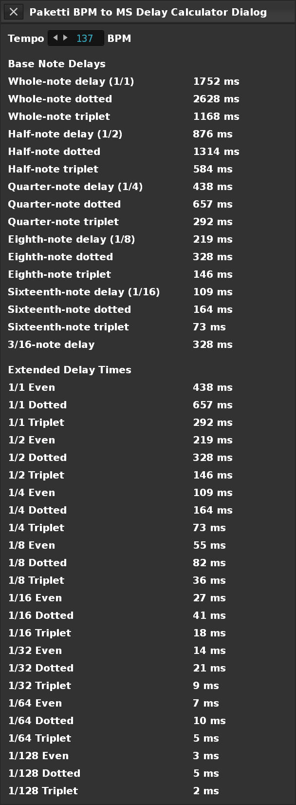 BPM to MS Delay Calculator